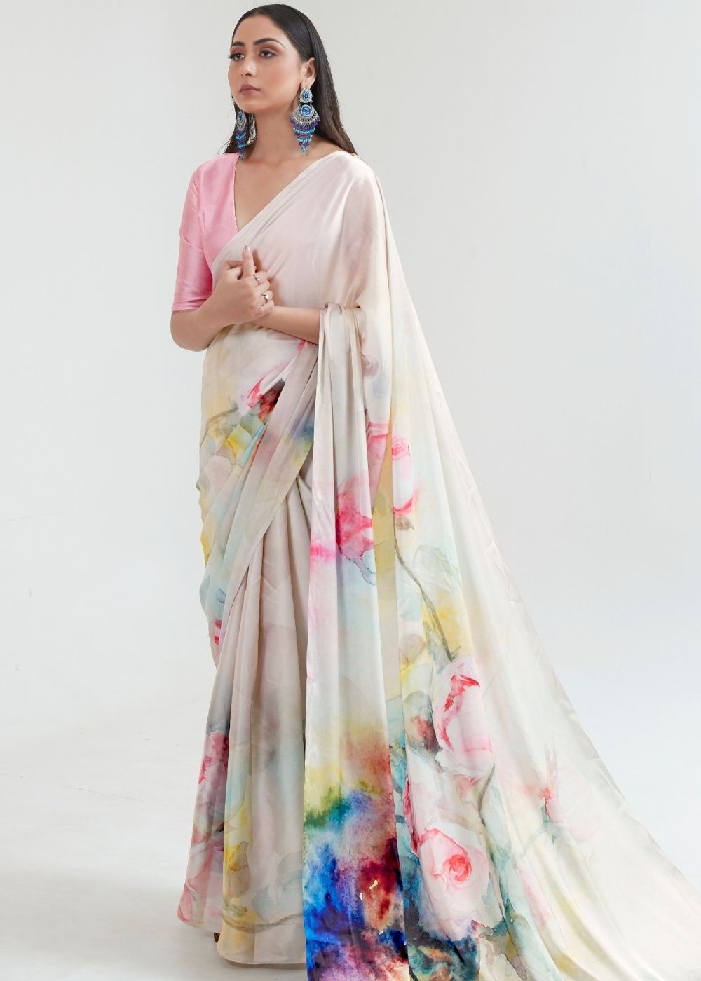 Ivory White Satin Silk Digital Printed Saree – Ethnos