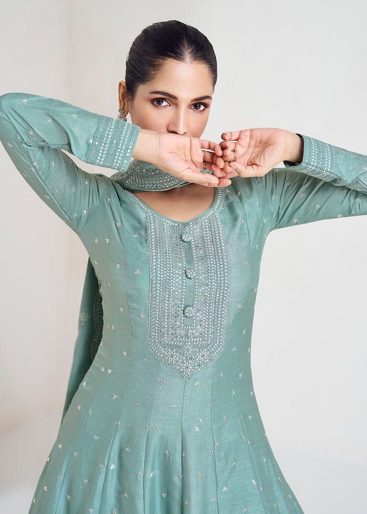 Columbia Blue Designer Embroidered Silk Anarkali Suit