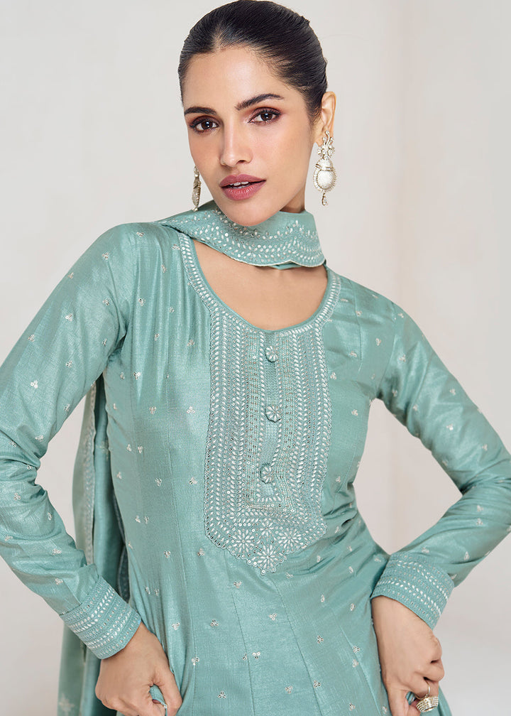 Columbia Blue Designer Embroidered Silk Anarkali Suit