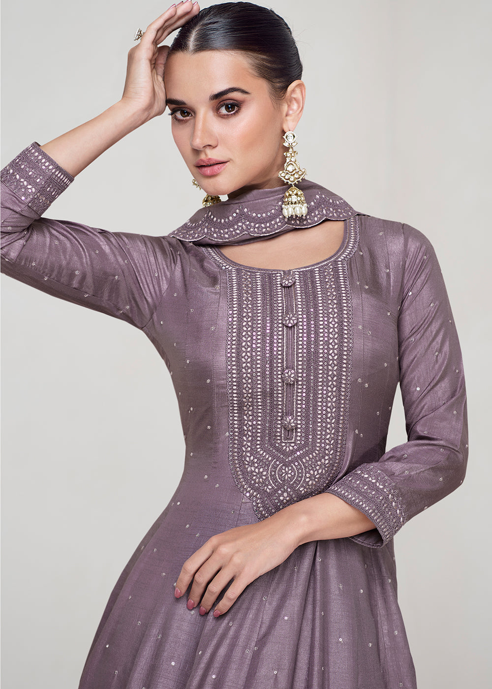 French Lilac Purple Designer Embroidered Silk Anarkali Suit