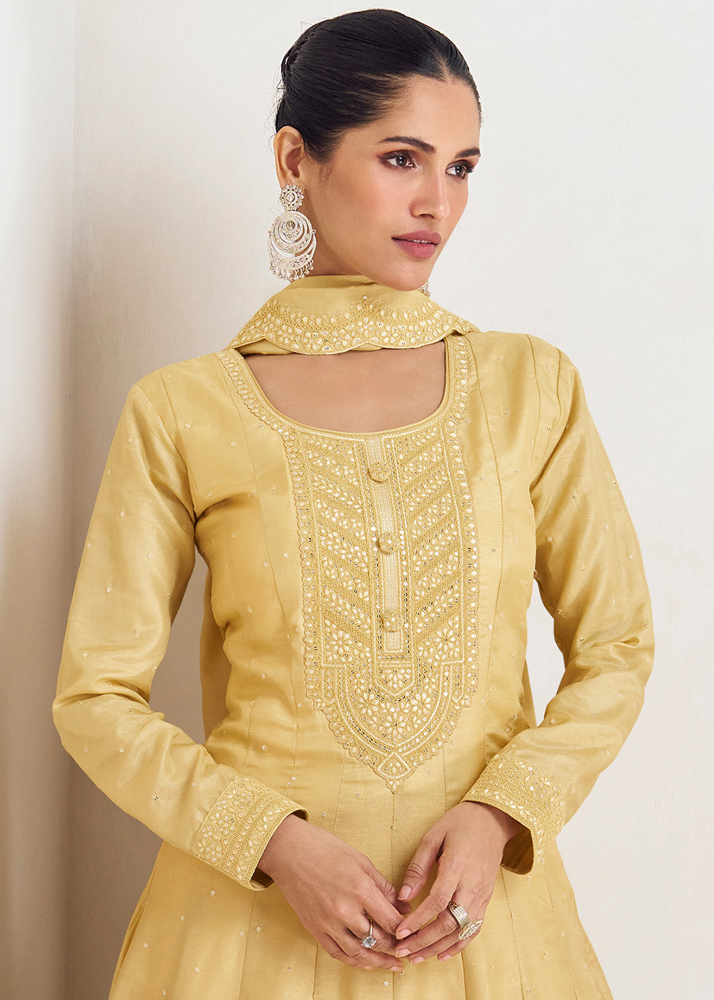 Flax Yellow Designer Embroidered Silk Anarkali Suit