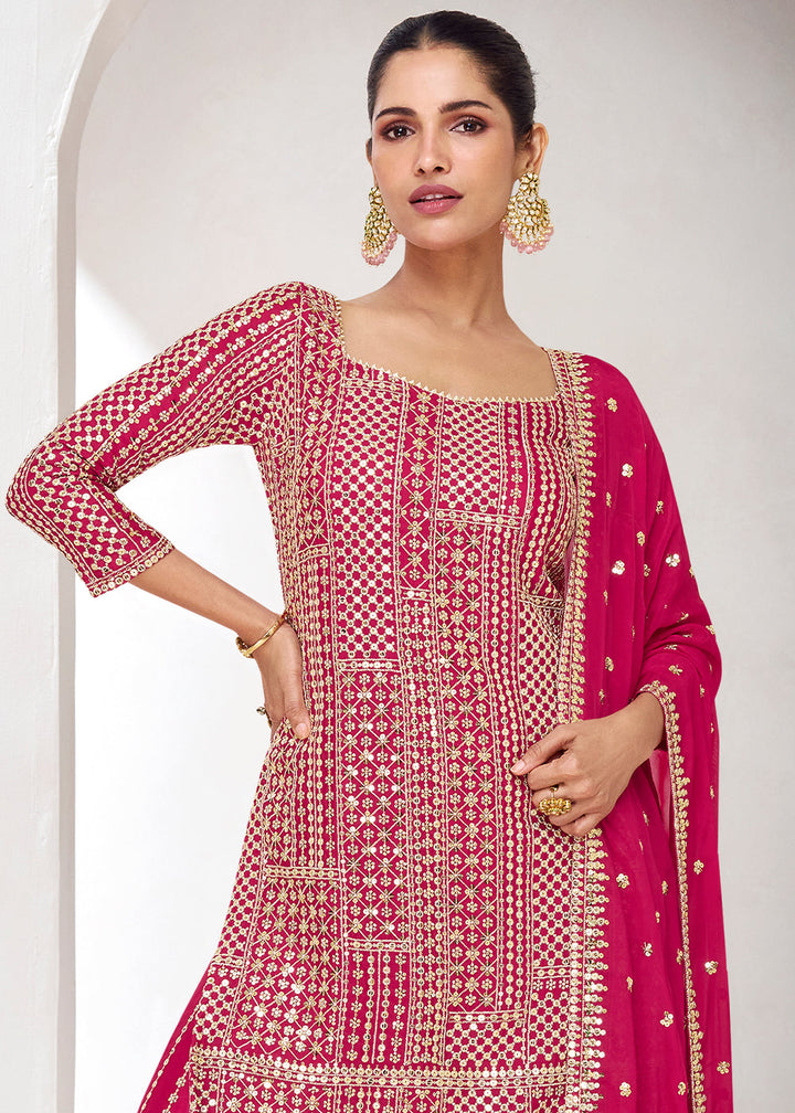 Magenta Pink Chinon Silk Embroidered Plazzo Suit