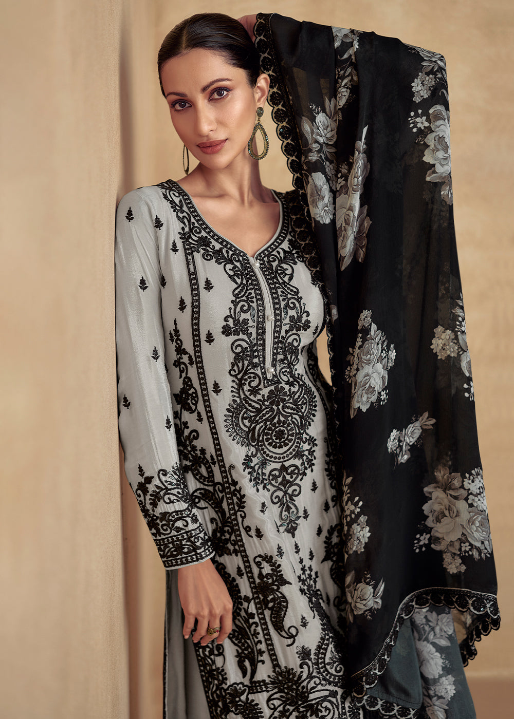 Light Grey Chinon Silk Plazzo Suit with Intricate Embroidery work