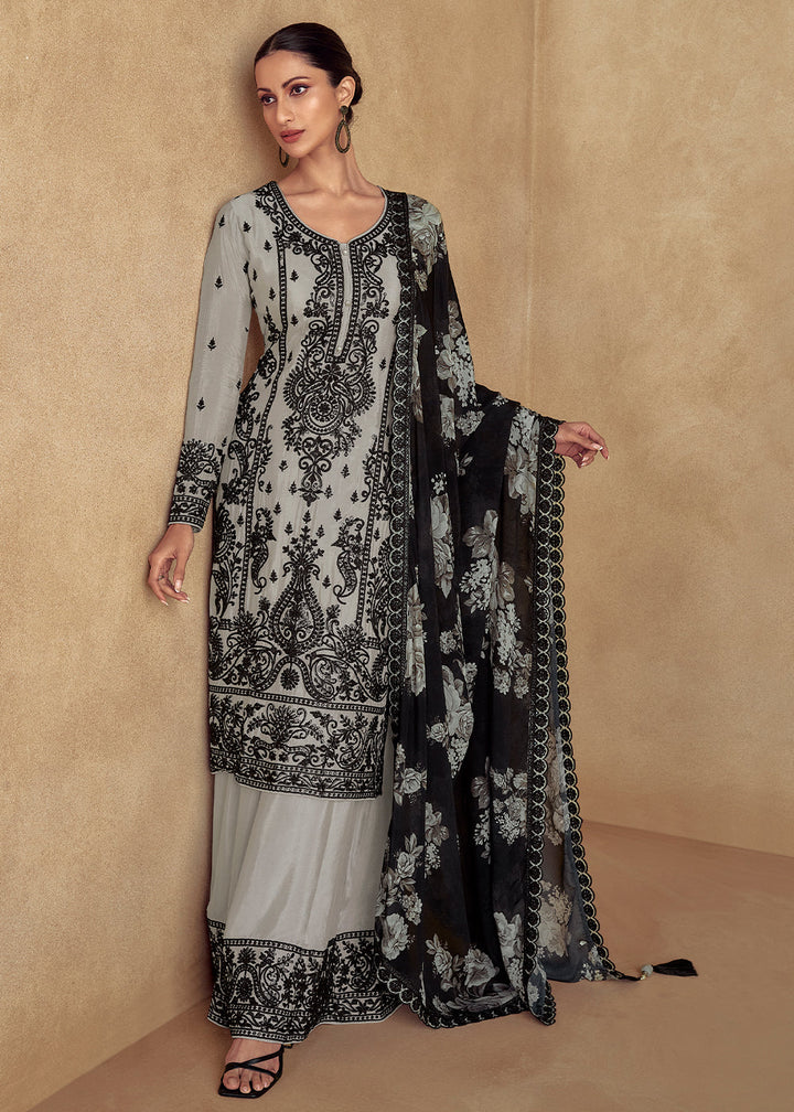 Light Grey Chinon Silk Plazzo Suit with Intricate Embroidery work