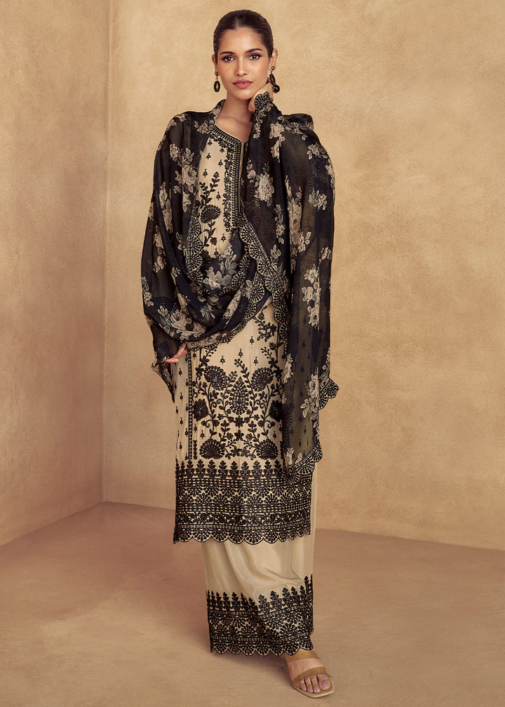 Off White Chinon Silk Plazzo Suit with Intricate Embroidery work