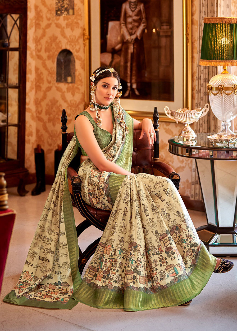 Green & White Printed Silk Saree