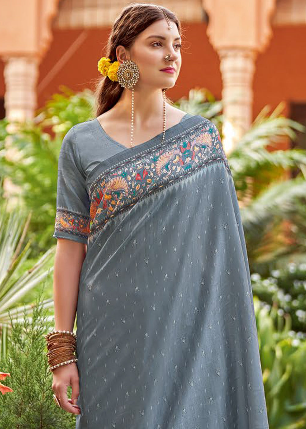 Flint Grey Designer Printed Silk Saree