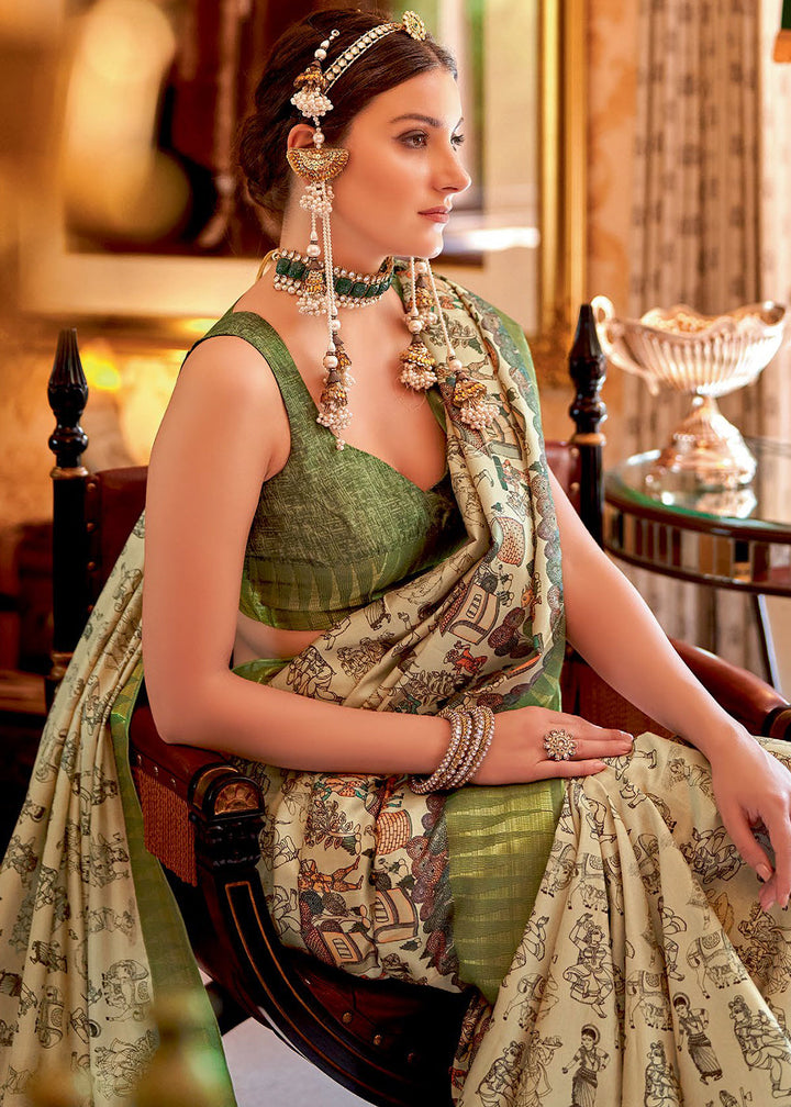 Green & White Printed Silk Saree