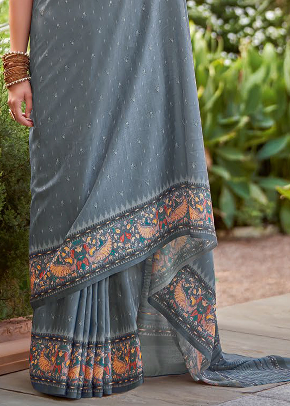 Flint Grey Designer Printed Silk Saree