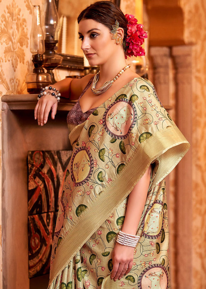 Tea Green Floral Printed Manipuri Silk Saree