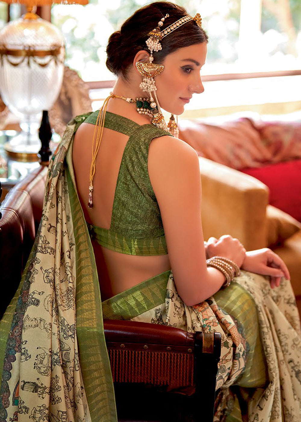 Green & White Printed Silk Saree