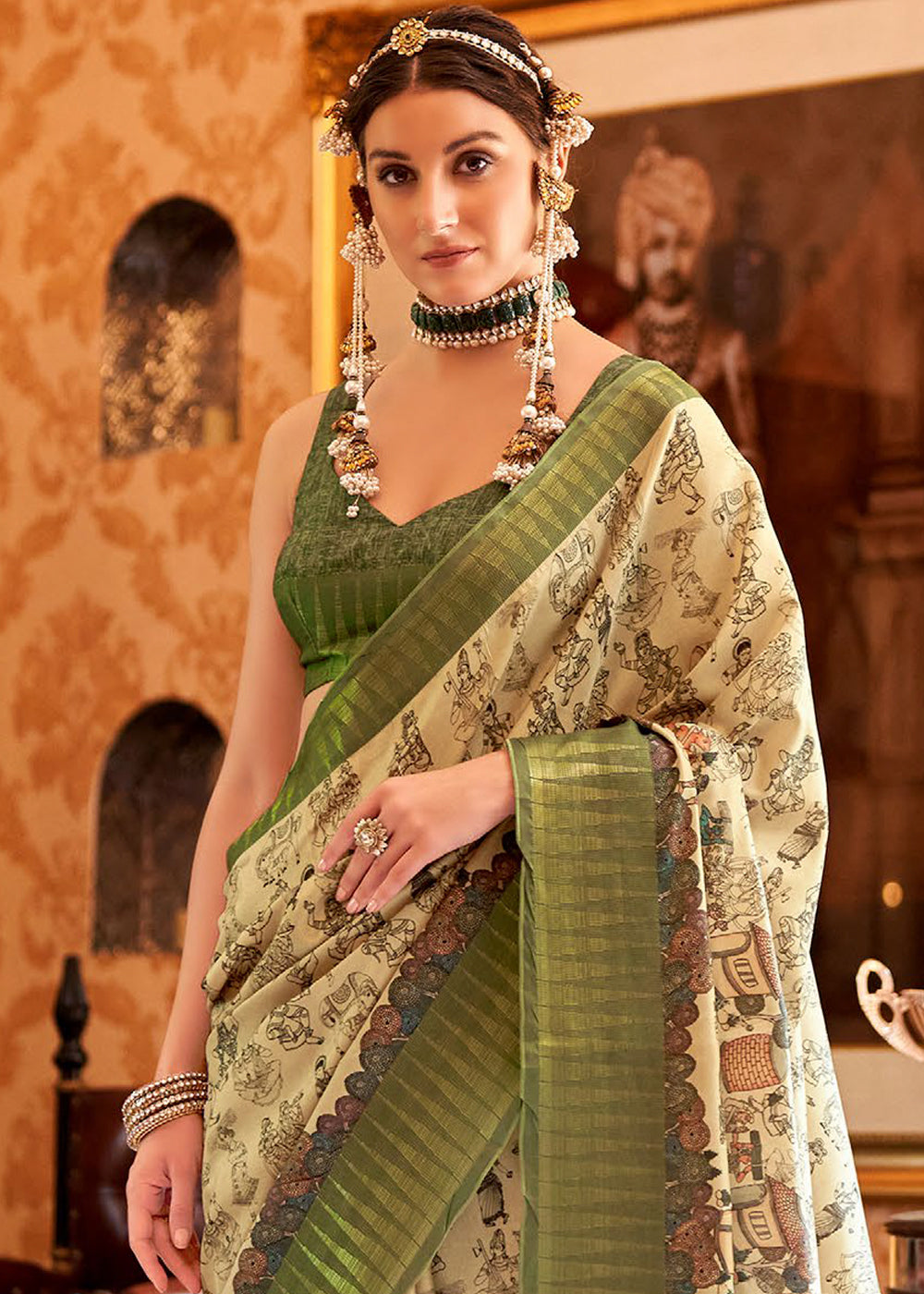 Green & White Printed Silk Saree