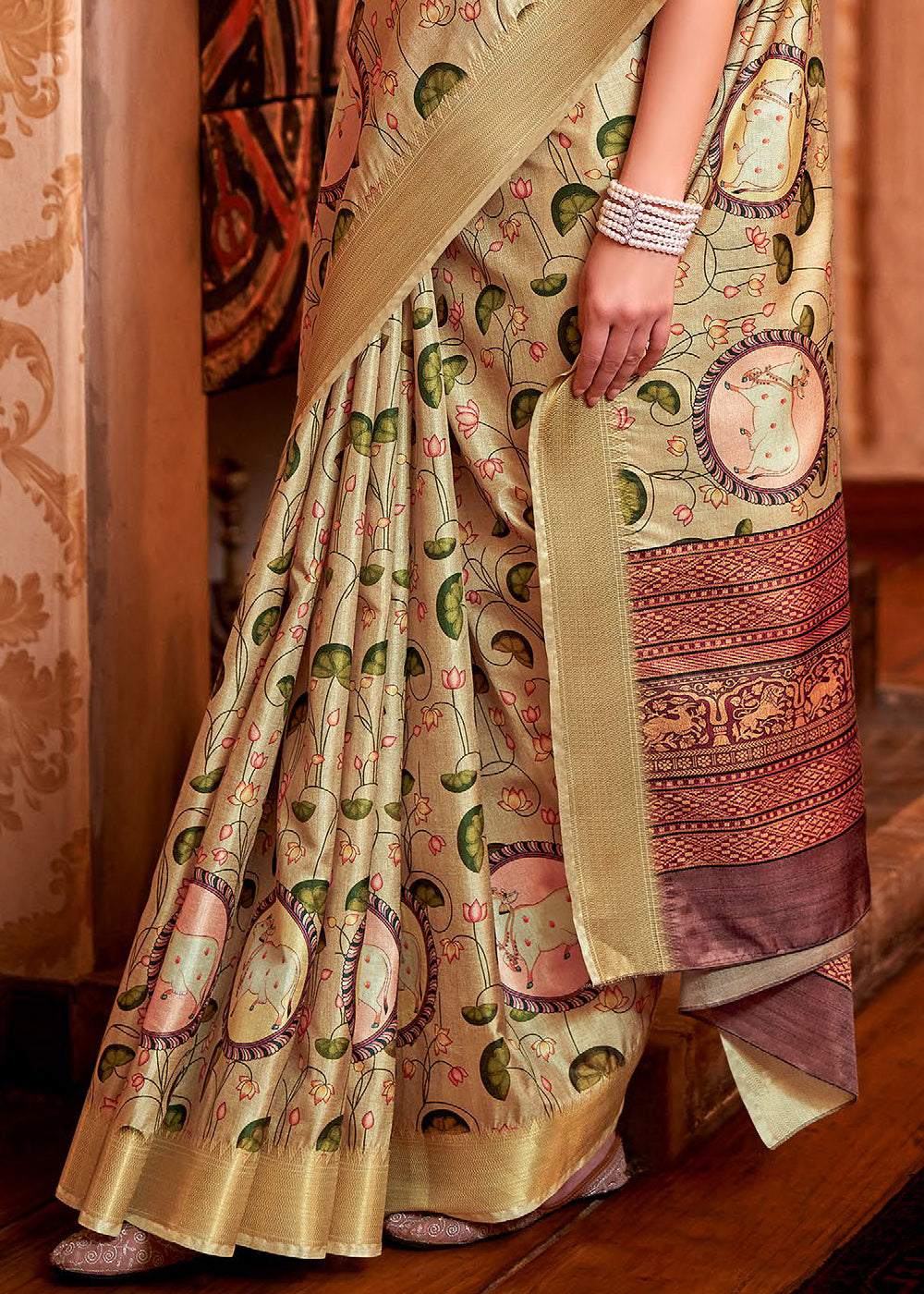 Tea Green Floral Printed Manipuri Silk Saree