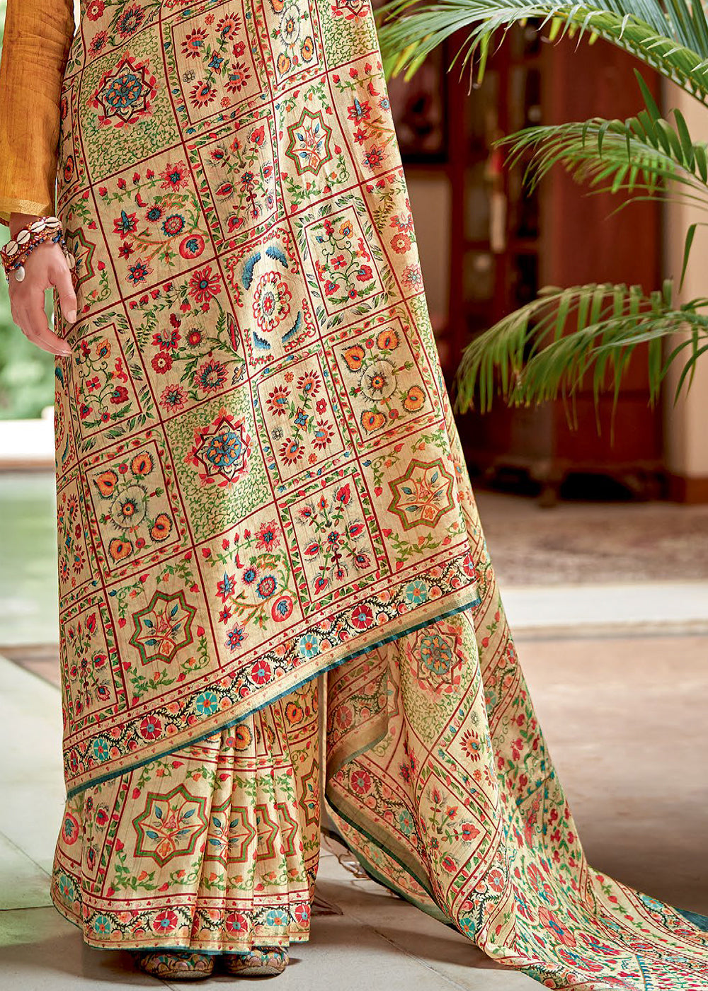 Beige White Designer Printed Silk Saree