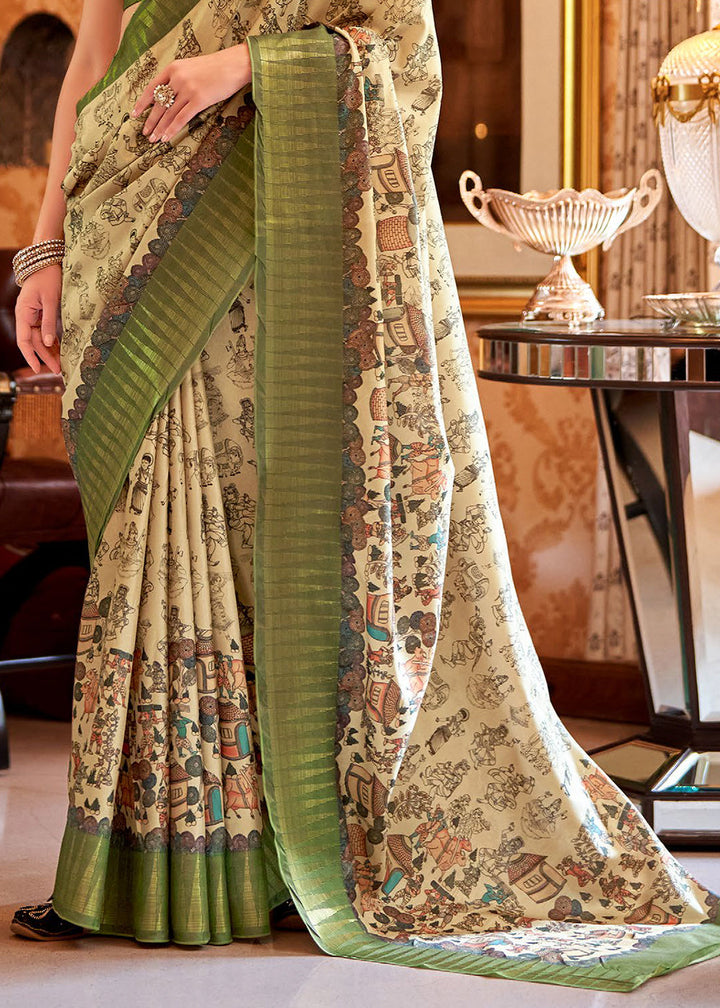 Green & White Printed Silk Saree