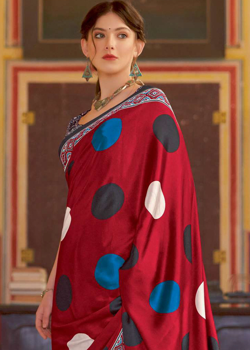 Scarlet Red Ajrakh Printed Satin Crepe Saree:Summer Collection