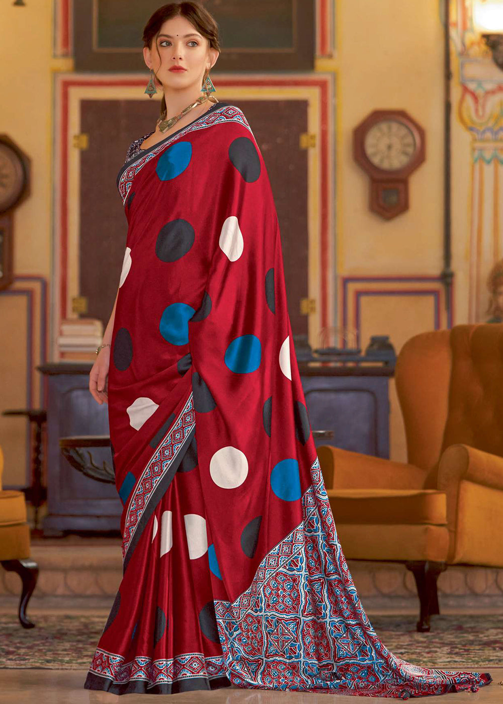 Scarlet Red Ajrakh Printed Satin Crepe Saree:Summer Collection