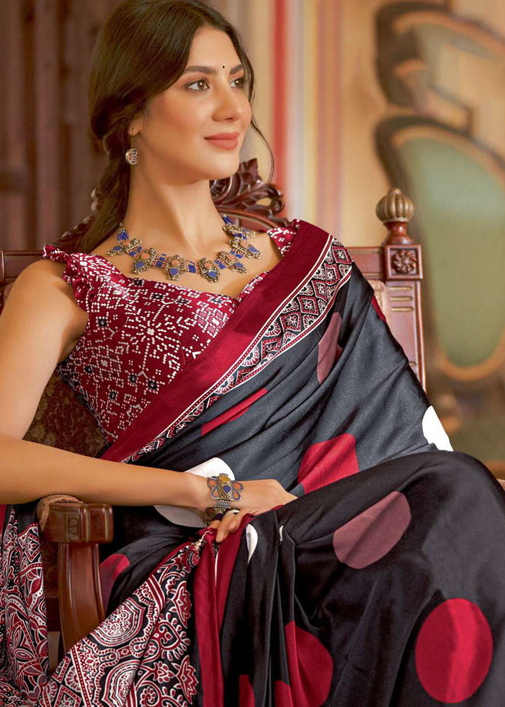 Midnight Black Ajrakh Printed Satin Crepe Saree:Summer Collection