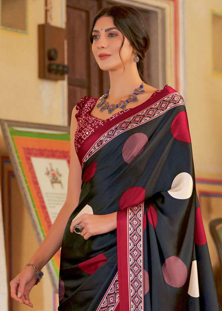 Midnight Black Ajrakh Printed Satin Crepe Saree:Summer Collection