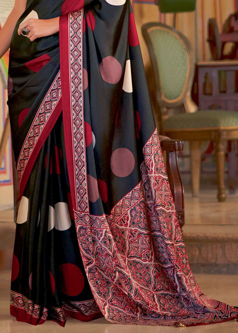 Midnight Black Ajrakh Printed Satin Crepe Saree:Summer Collection