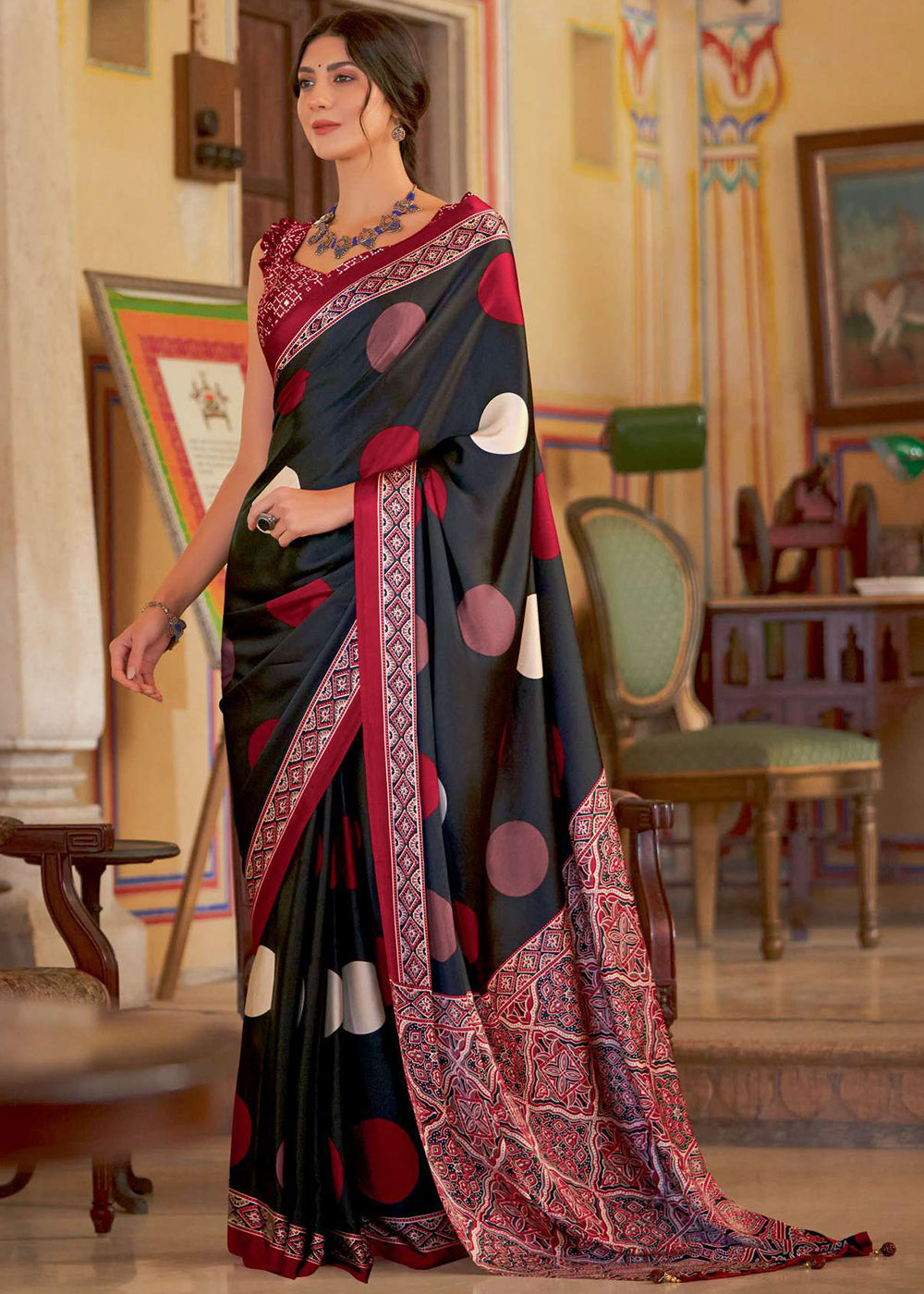 Midnight Black Ajrakh Printed Satin Crepe Saree:Summer Collection