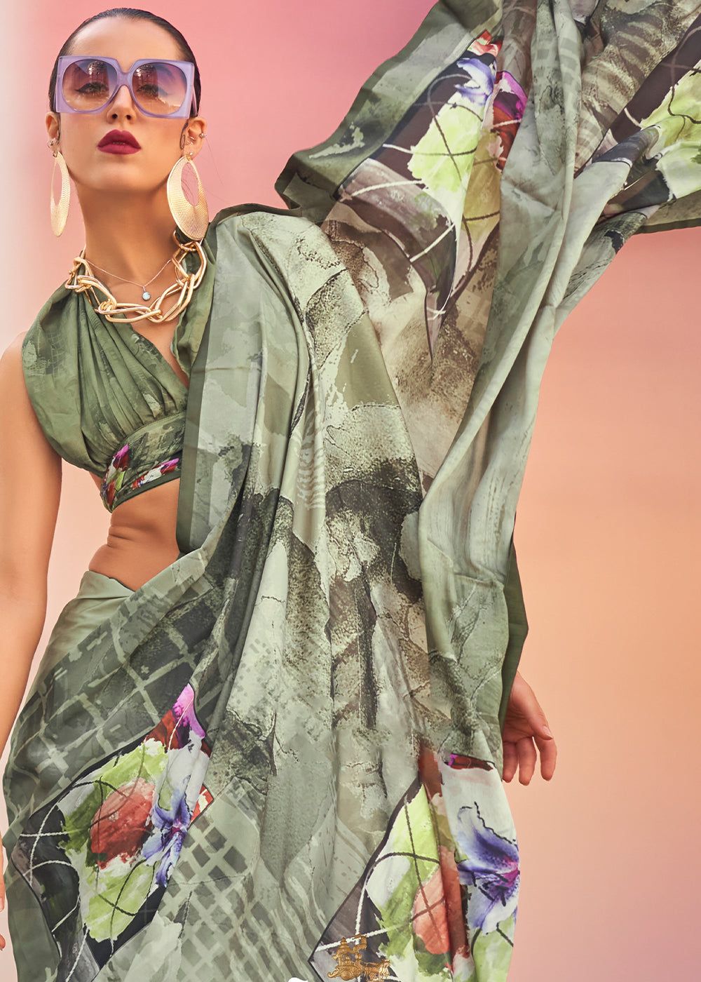 Basil Green Digital Printed Satin Crepe Designer Saree