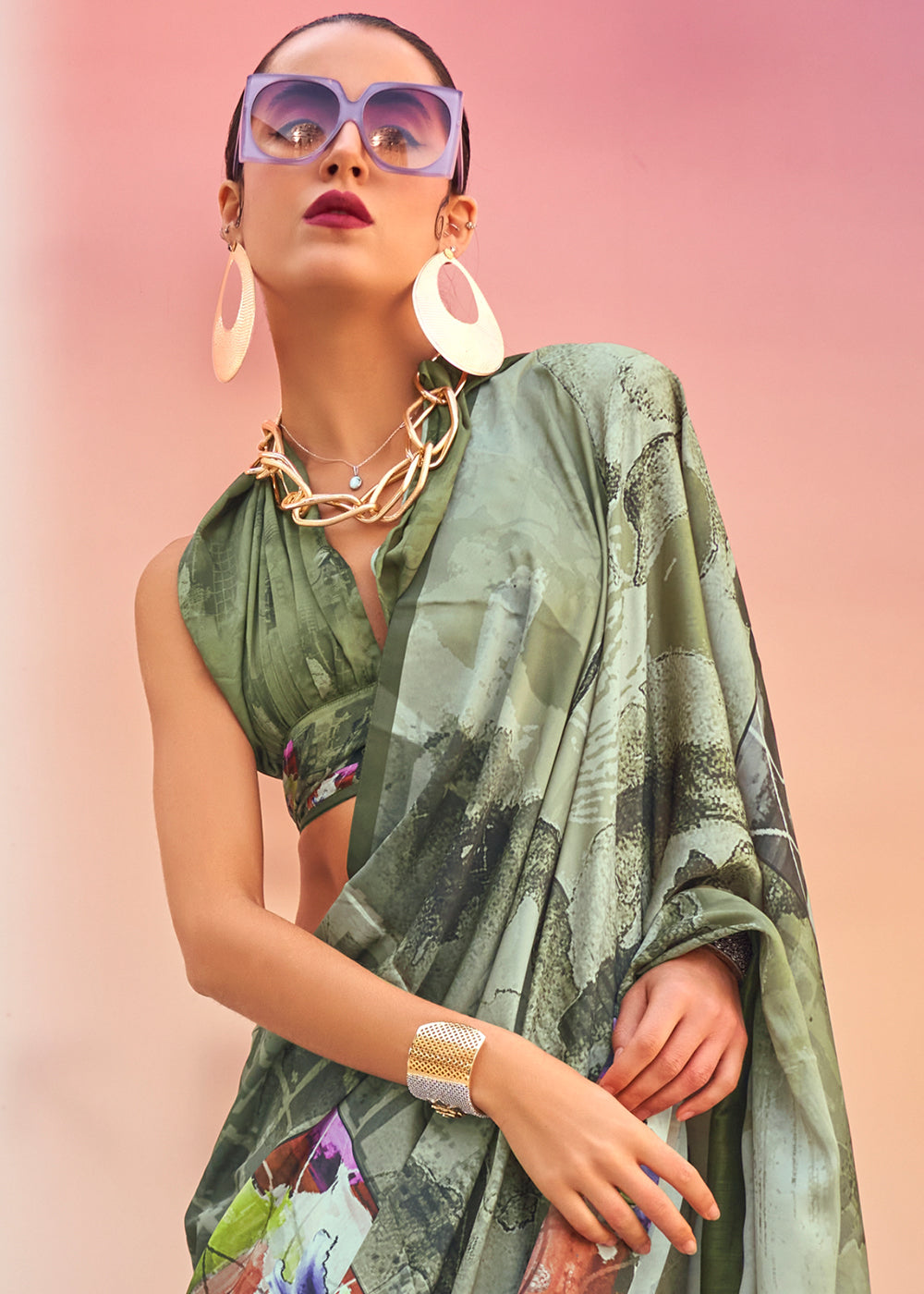 Basil Green Digital Printed Satin Crepe Designer Saree