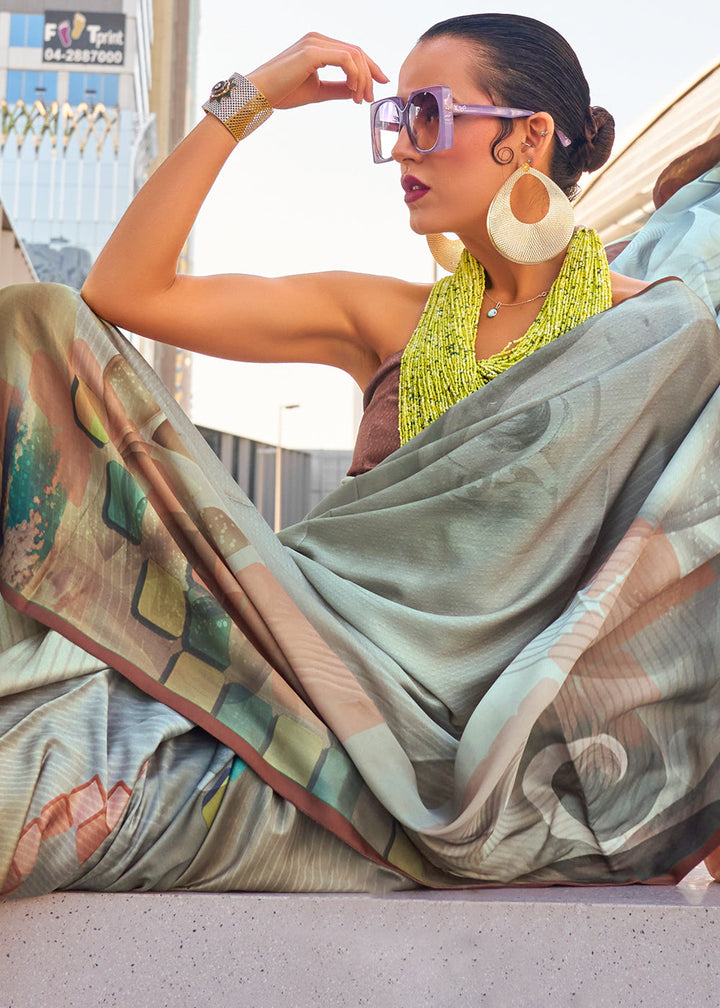 Grey & Green Digital Printed Satin Crepe Designer Saree