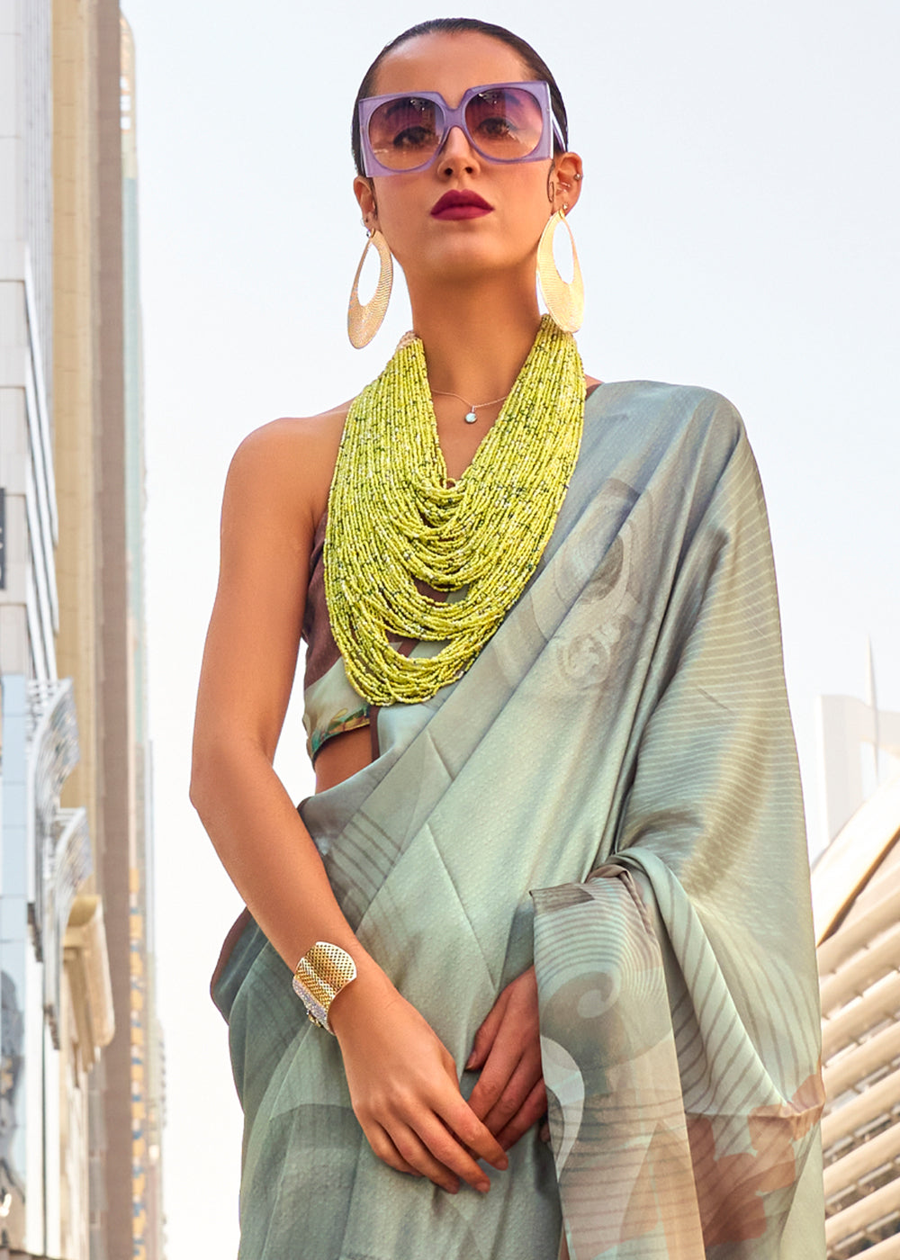 Grey & Green Digital Printed Satin Crepe Designer Saree