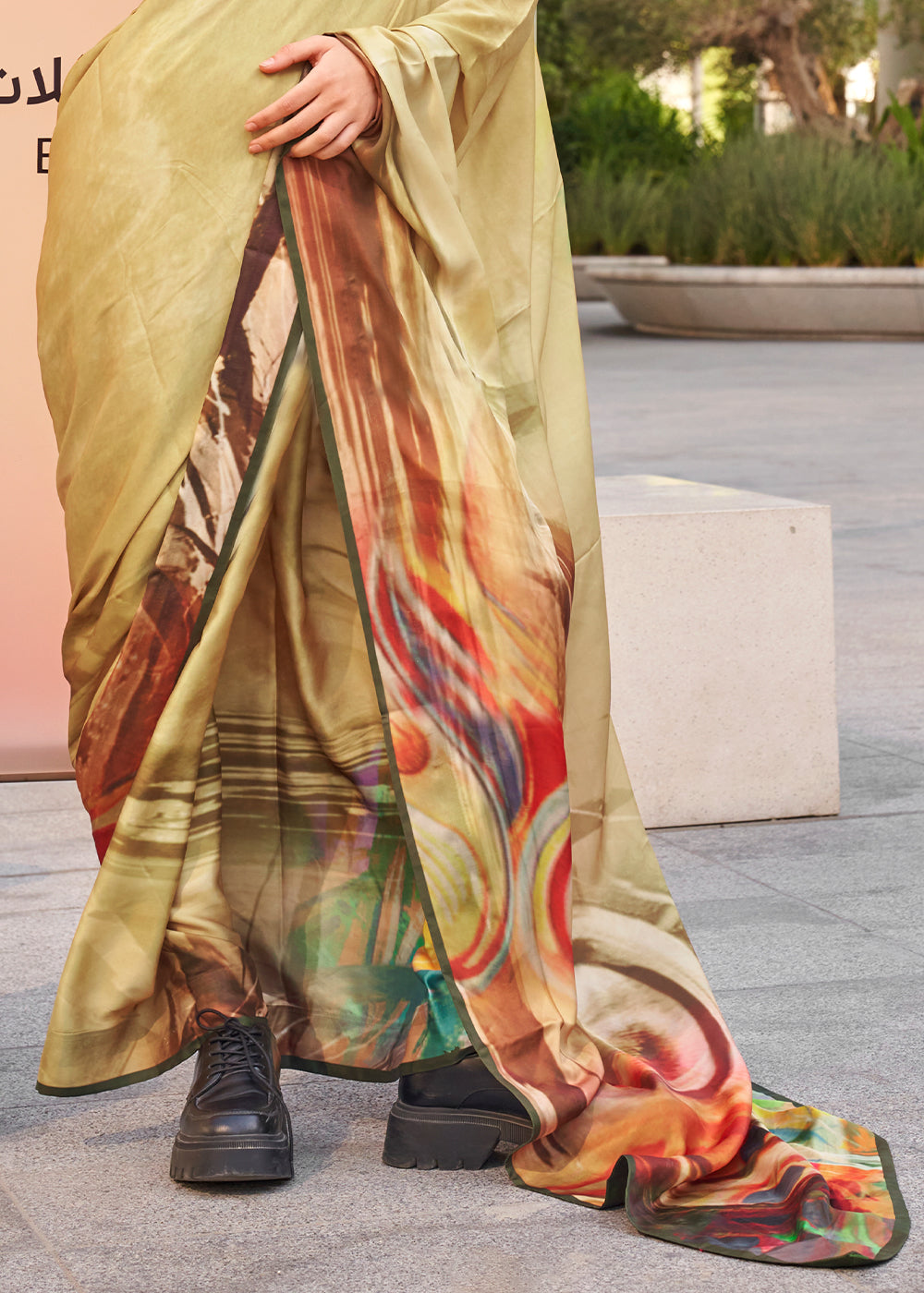 Flax Yellow Digital Printed Satin Crepe Designer Saree