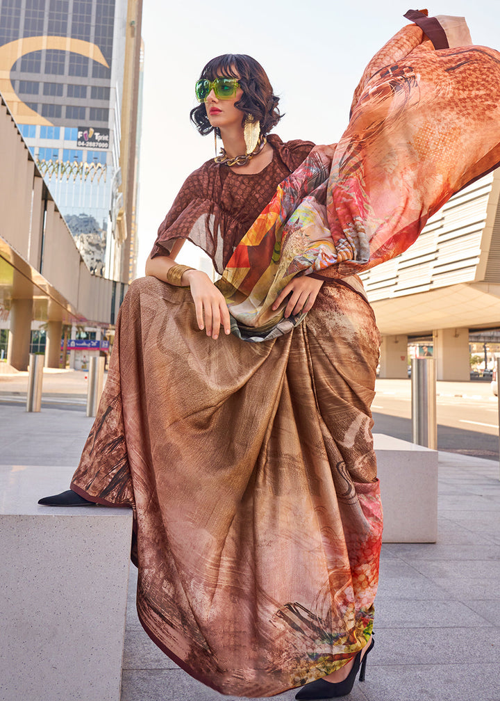 Shades Of Brown Digital Printed Satin Crepe Designer Saree