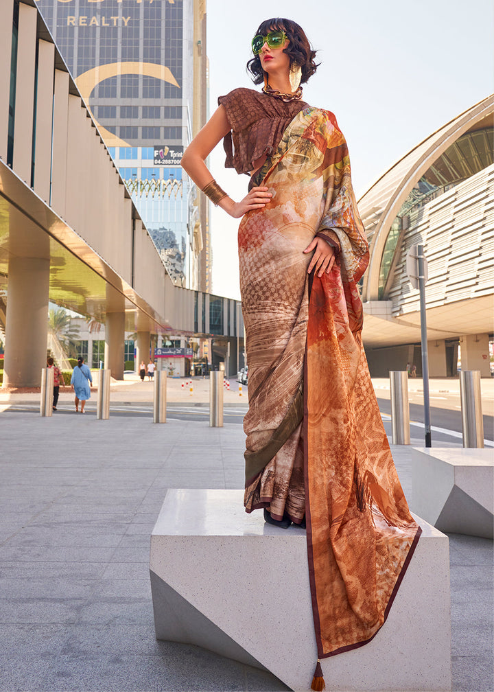 Shades Of Brown Digital Printed Satin Crepe Designer Saree