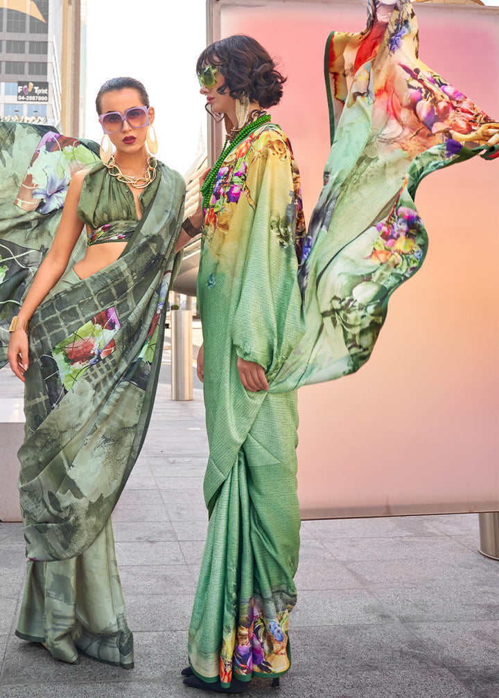 Shades Of Green Digital Printed Satin Crepe Designer Saree