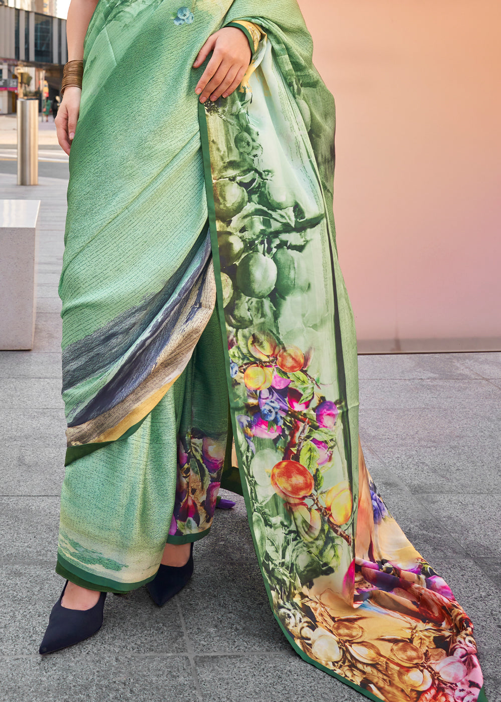 Shades Of Green Digital Printed Satin Crepe Designer Saree