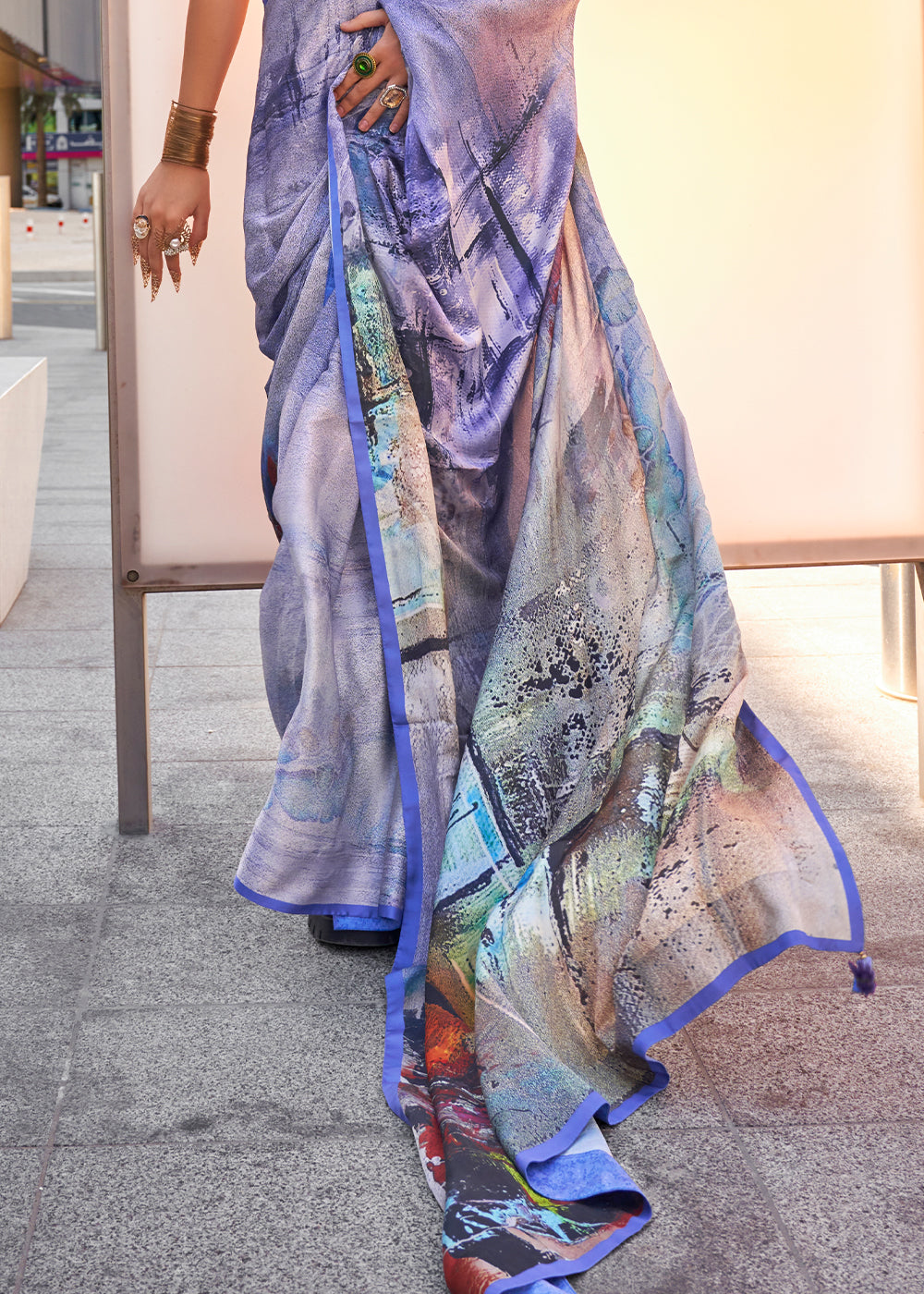 Shades Of Blue Digital Printed Satin Crepe Designer Saree