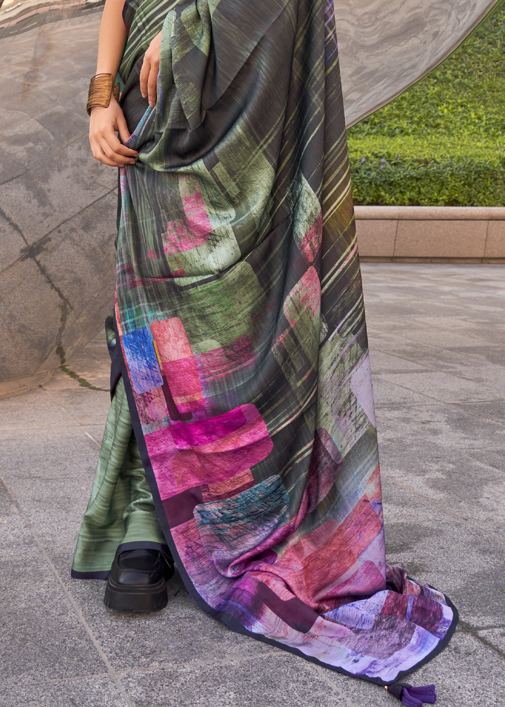 Army Green Digital Printed Satin Crepe Designer Saree