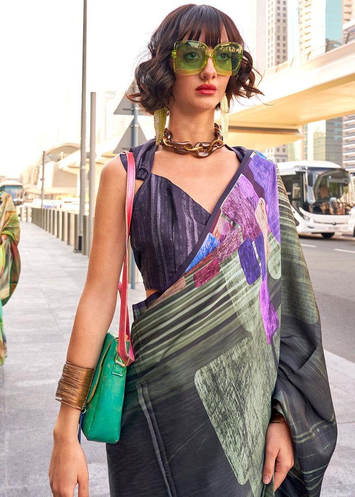 Army Green Digital Printed Satin Crepe Designer Saree