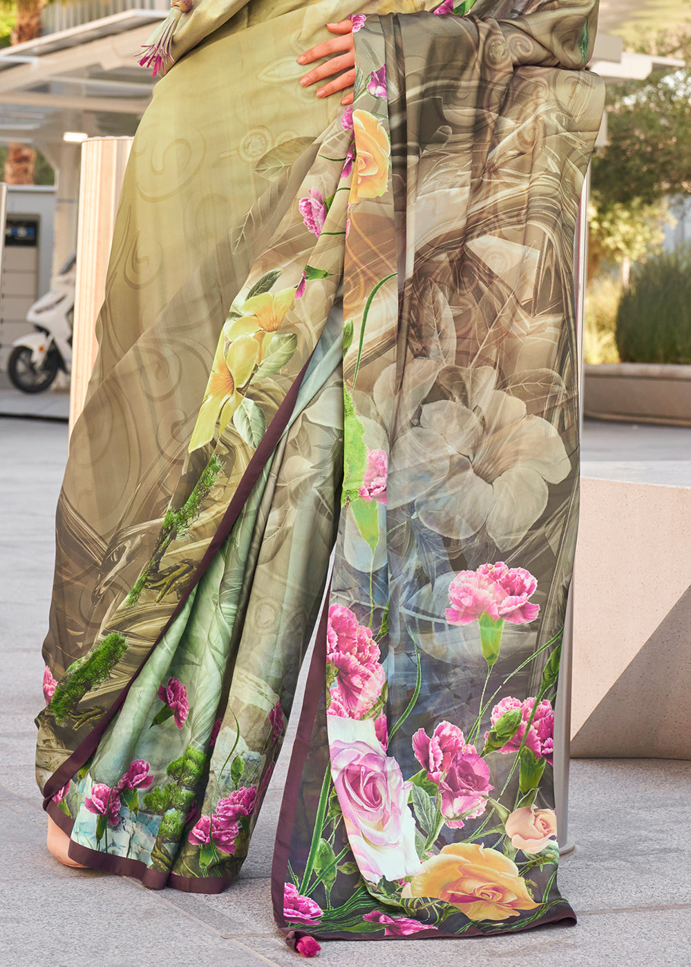 Light Green Digital Printed Satin Crepe Designer Saree