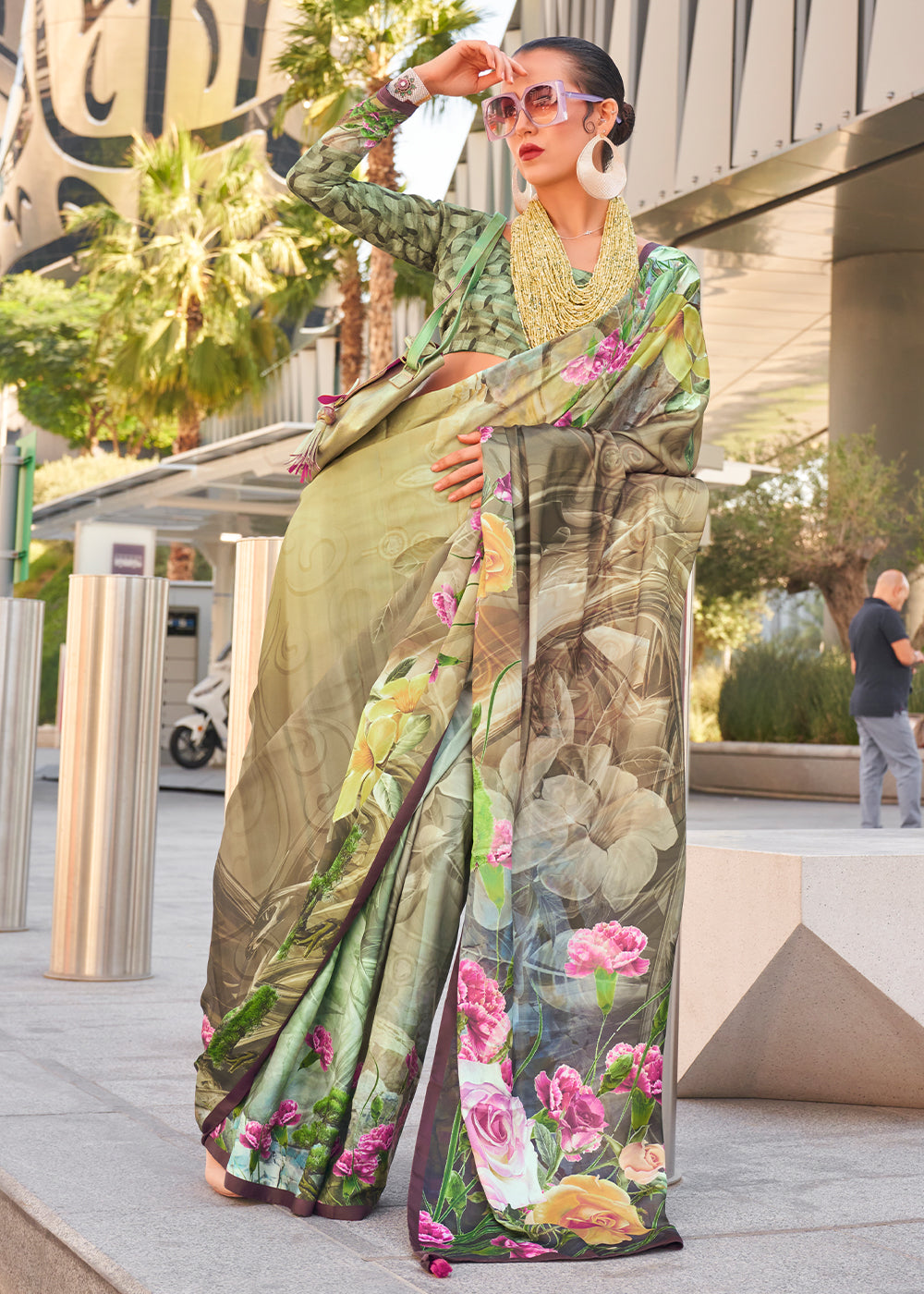 Light Green Digital Printed Satin Crepe Designer Saree