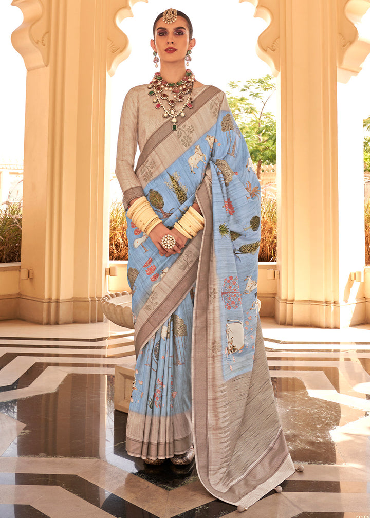 Soft Blue Khadi Printed Raw Silk Saree