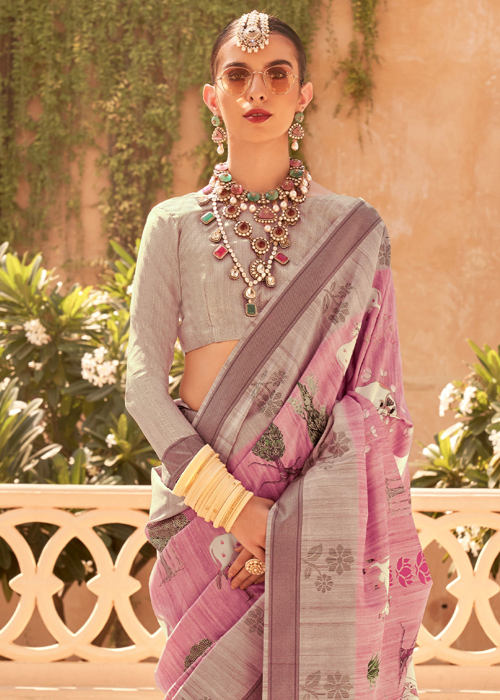 Carmine Pink Khadi Printed Raw Silk Saree