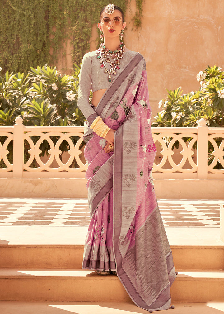 Carmine Pink Khadi Printed Raw Silk Saree