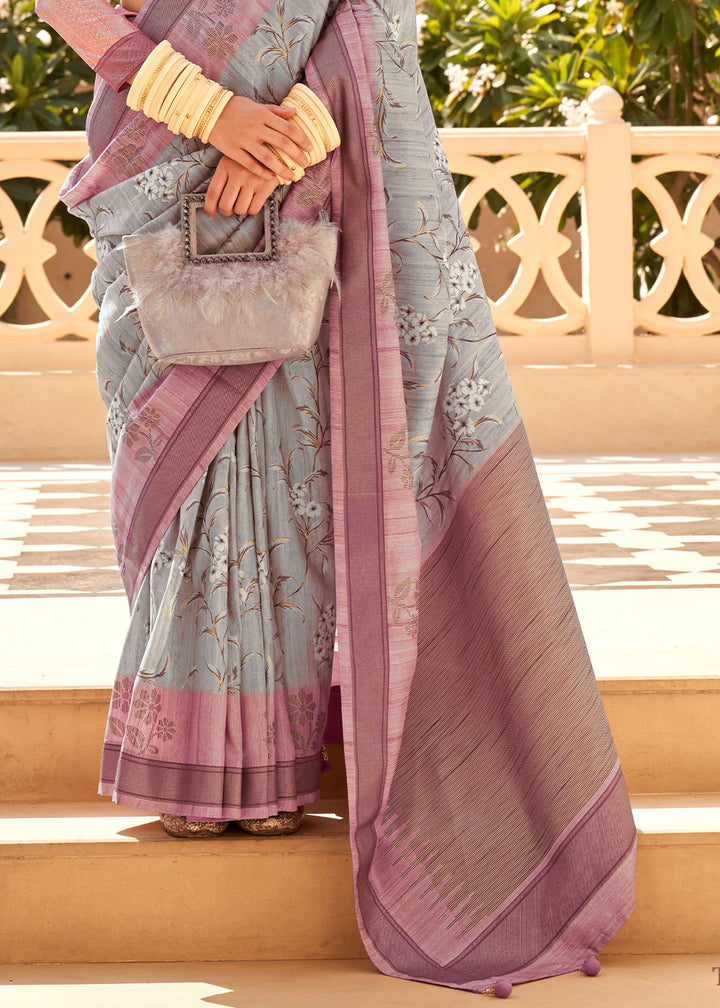 Grey & Purple Khadi Printed Raw Silk Saree