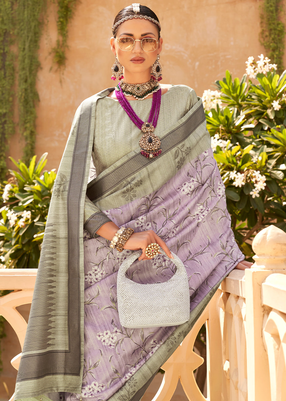 Thistle Purple Khadi Printed Raw Silk Saree