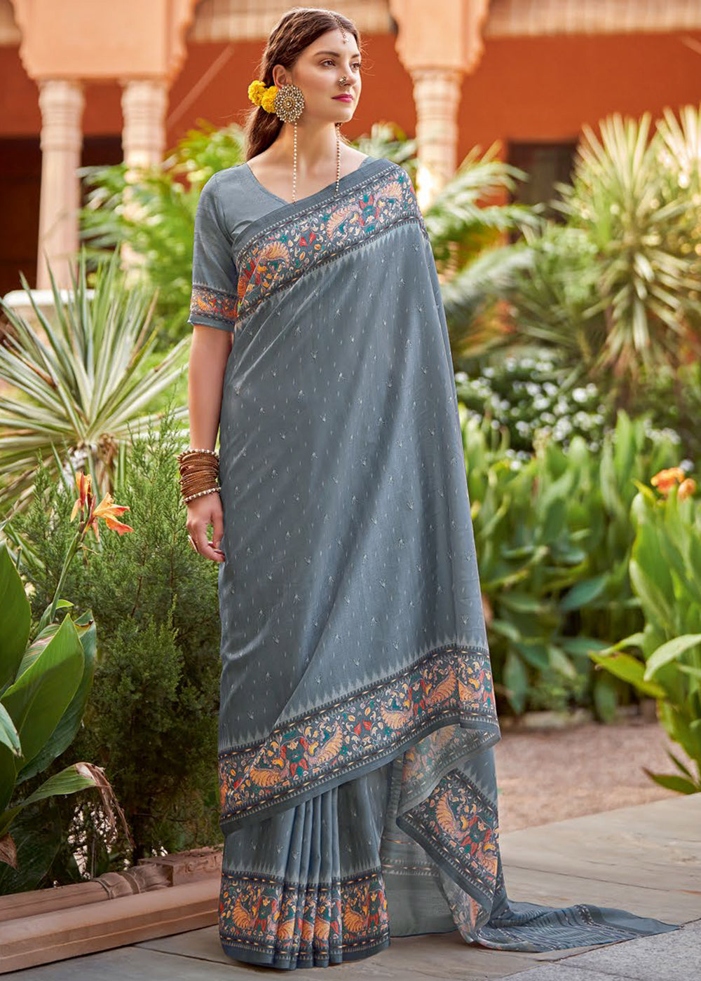 Flint Grey Designer Printed Silk Saree