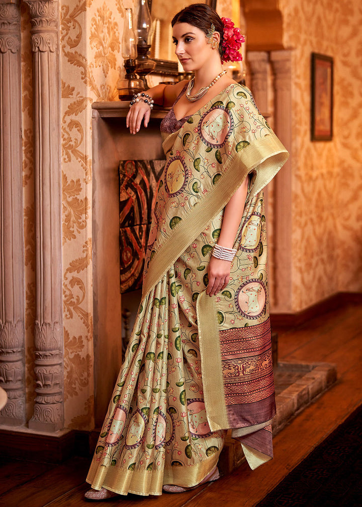 Tea Green Floral Printed Manipuri Silk Saree