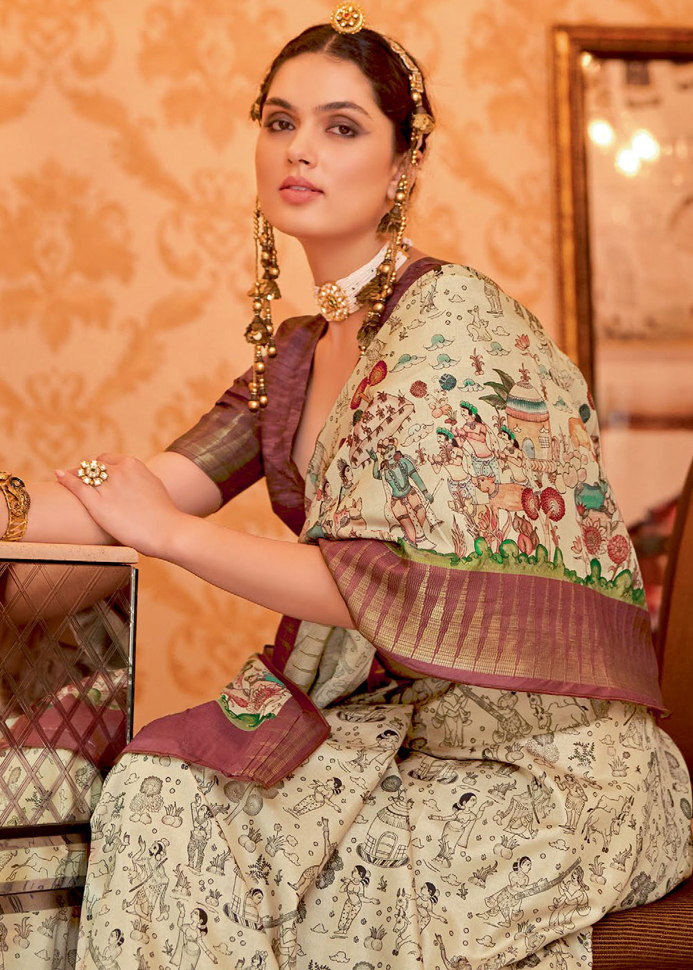 Brown & White Printed Silk Saree