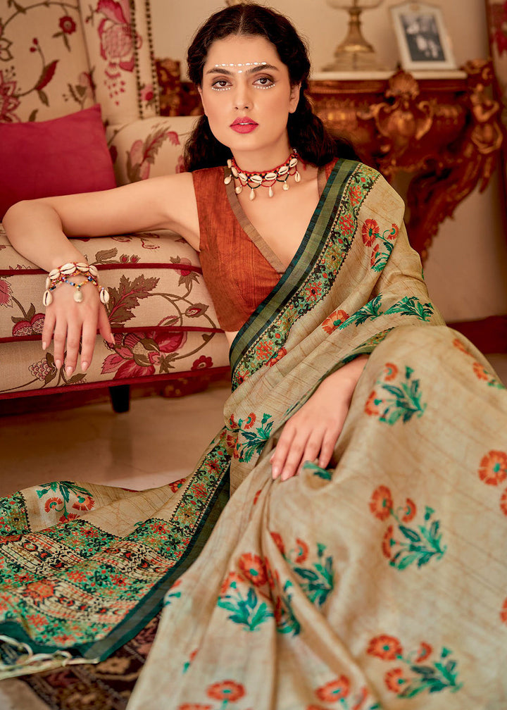 Beige Brown Designer Printed Silk Saree