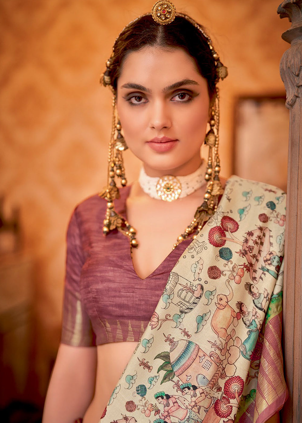 Brown & White Printed Silk Saree