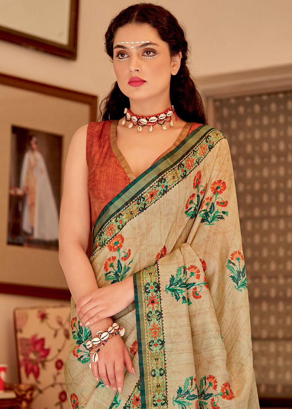 Beige Brown Designer Printed Silk Saree